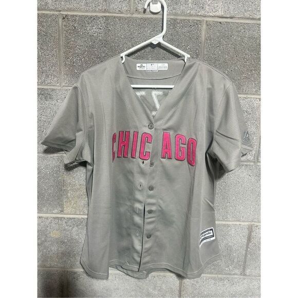 Chicago Magestic Cool Base Rizzo 44 Jersey Sz L Gray Pink Button Up Short Sleeve - Picture 1 of 5
